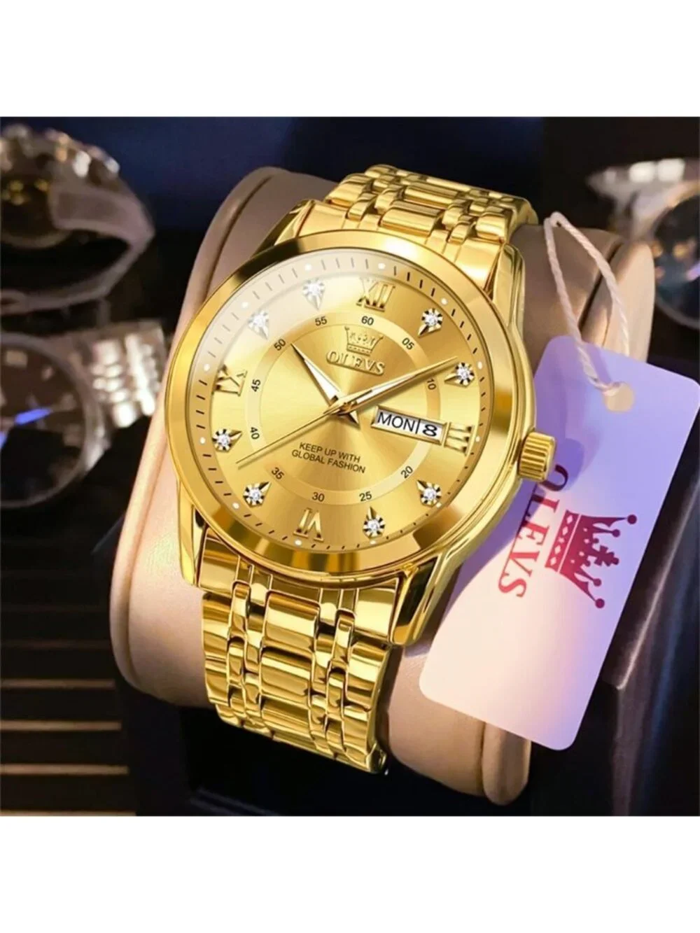 Men's Gold Dimond Stainless Steel Luminous Quartz Waterproof Round Classic Watch